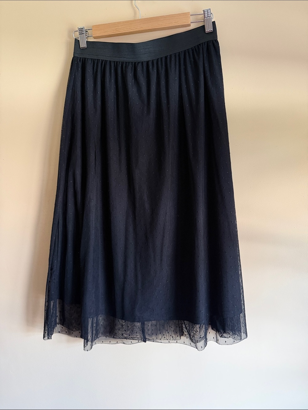 stradivarius Black Midi Skirt with Dotted Sheer Overlay